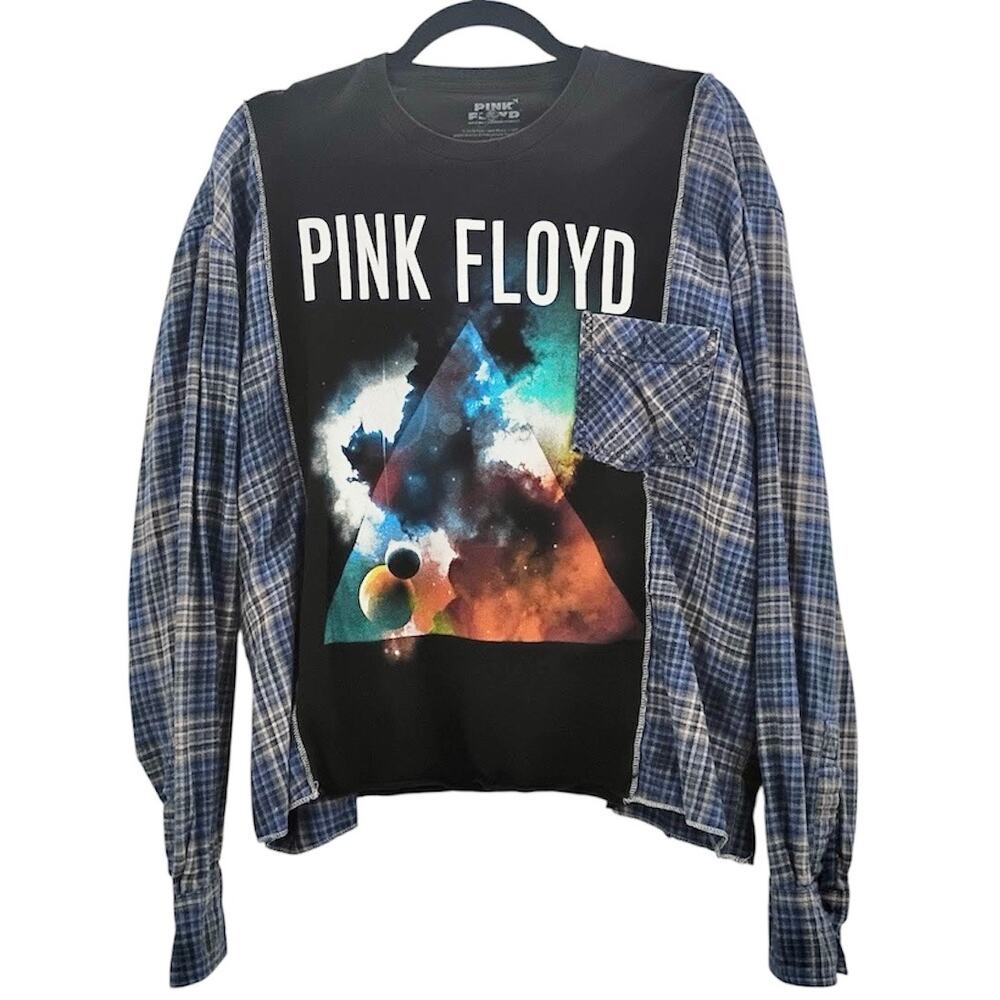 Pink Floyd Upcycled Flannel Shirt Tee Blue Black Oversized Size Large
